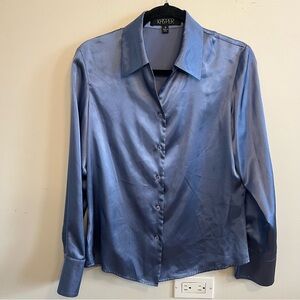 Kasper Light Blue Satin Blouse Careerwear Workwear Silky Button Down Classic